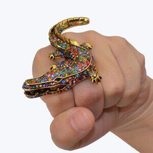 Bold Multicolor Crystal Alligator Statement Ring in Antique Gold Finish - 3"